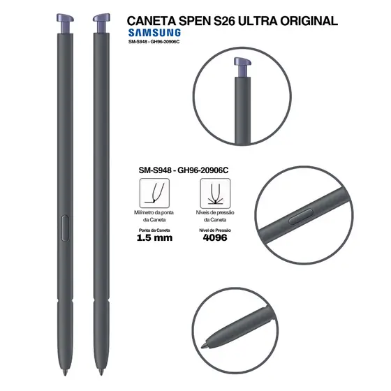 S Pen Samsung Galaxy S26 Ultra 5G Cor Cinza com Roxo Original