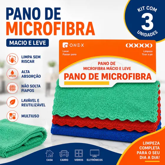 Pano de Microfibra Macio e Leve Kit 3, 6 e 9 Unidades Multiuso Alta Absorção Não Solta Fiapos