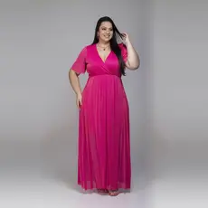 Vestido Festa Plus Size Manga Curta De Tule Transpassado G1 G2 G3