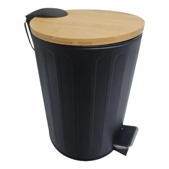 Lixeira Redonda de Metal com Pedal e Tampa em Bambu Preta 5L 🚮 | Lixeira Compacta para Banheiro e Ambientes Pequenos