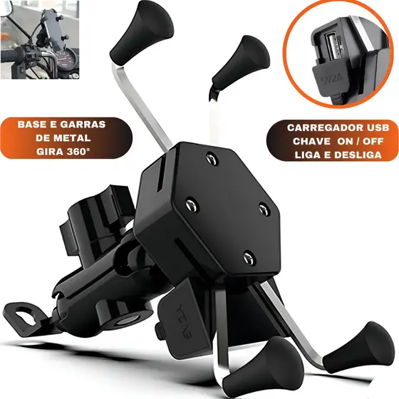 Suporte Celular modelo X Universal Motocicletas Com Carregador Usb Cor Preto
