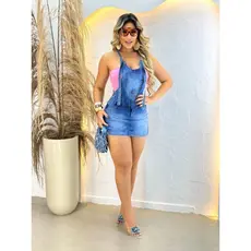 Jardinheira Short Saia Jeans Feminino Curto Regata Laycra