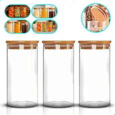 Kit  Pote Hermético Vidro Tampa Bambu 1000ml e 600ml Mantimentos  Transparente