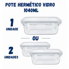 Kit 1 ou 2 Pote de Vidro Hermético 1040ml  Marmita e Armazenamento  - Kit 1 ou 2 potes - Tampa 4 Travas - Não sai cheiro