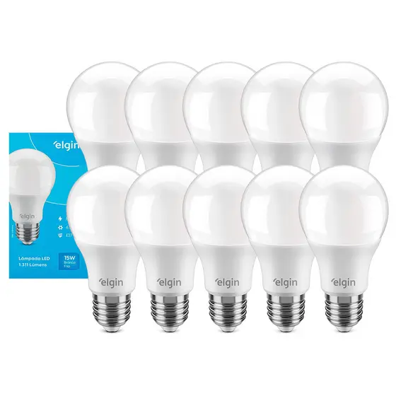 Lâmpada Elgin Bulbo 15W Bivolt 6500K Branco Frio Alta Economia Kit 5 ou 10 Lâmpadas