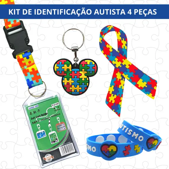 Kit 04 Peças Identificação Autismo Azul Cordão Com Porta Crachá Pulseira Chaveiro Adesivo Laço Autista - CÓD. 015
