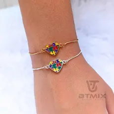 Pulseira Folheada Autismo em Prata ou Ouro Veneziana Adulto TEA com Coração Símbolo do Autismo