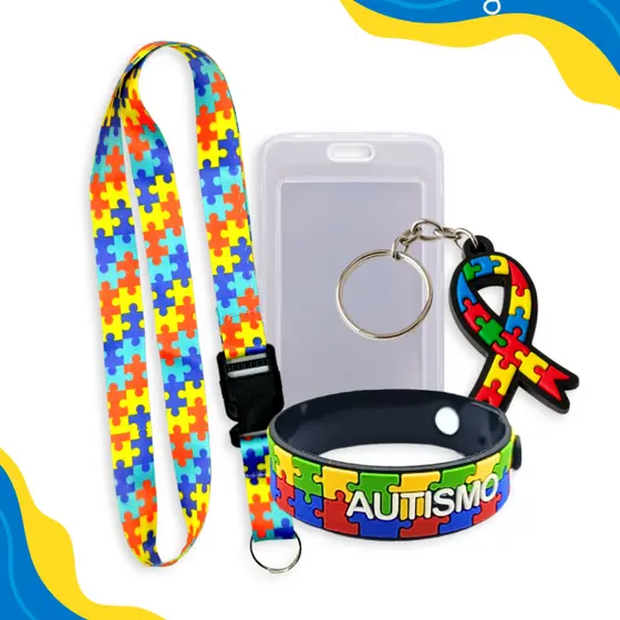 Kit Autismo 04 Peças - Cordão + Pulseira + Chaveiro + Porta Crachá - Kit Autista Completo