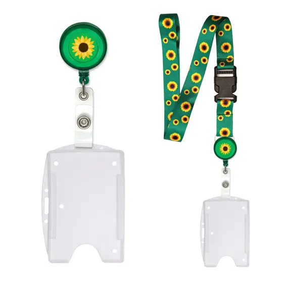 Cordão de Identificação Girassol + Roller Clip Girassol + Porta Cartão Transparente
