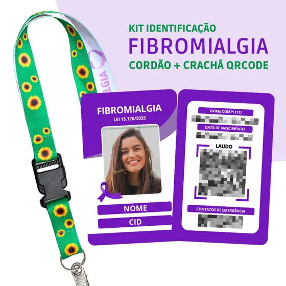 Kit Cordão c/ Crachá Fibromialgia PVC com Laudo em Qrcode - Crachá Personalizado - Não oficial