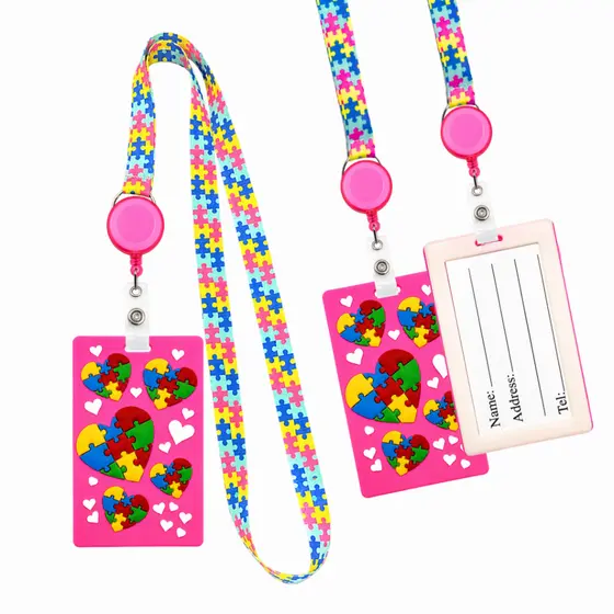 Kit Cordão Autismo c/ Porta Crachá Emborrachado Rosa Identificação Autista Meninas