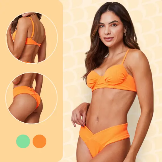 Conjunto Biquini Meia Taça Aro Drapeado Neon Bojo Removível Fio Duplo Moda Praia Piscina Feminino