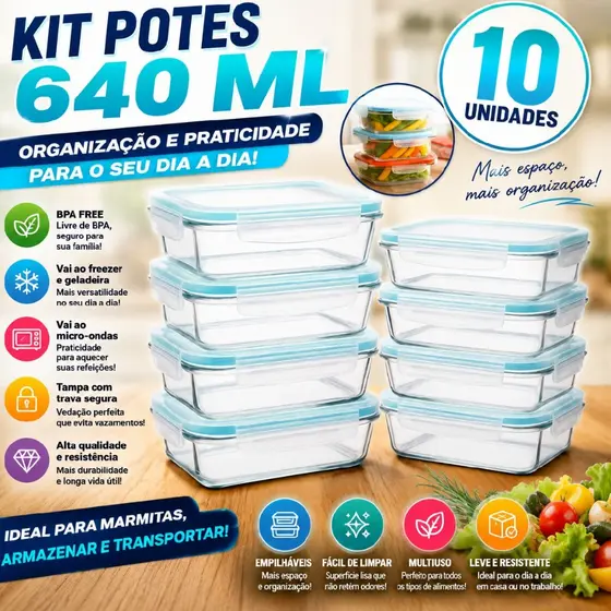 Kit 2/5/10/ Potes de Vidro 640ml Hermético Marmita Fit com Tampa 4 Travas Retangular