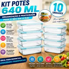 Kit 2/5/10/ Potes de Vidro 640ml Hermético Marmita Fit com Tampa 4 Travas Retangular