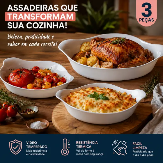 Conjunto de Assadeiras Oval Marinex Opaline 3 Peças Branco Jogo de Travessas Vidro Temperado