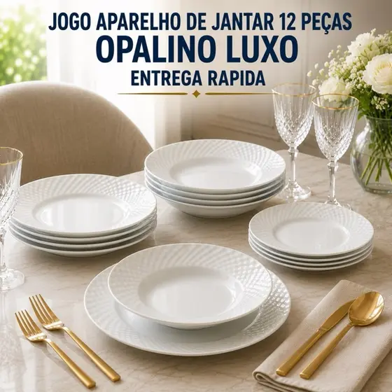 Aparelho Jogo Kit De Jantar 12 Peças Opalino Branco Pratos Raso Fundo Sobremesa Martelado
