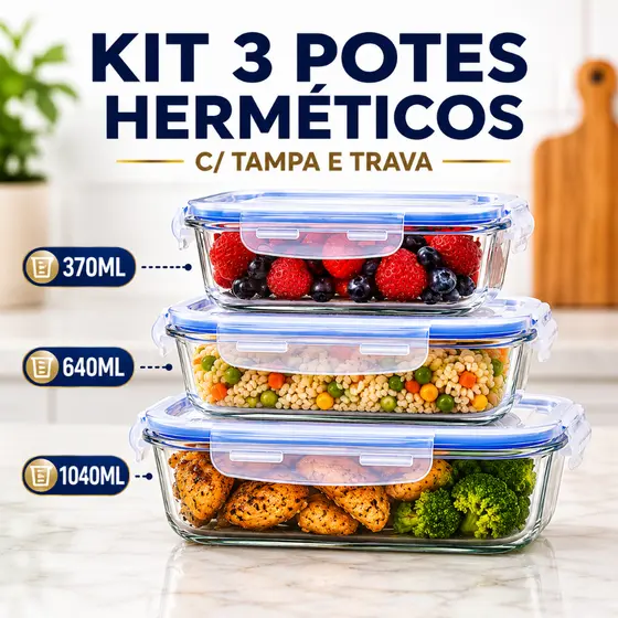 Kit 3 Potes Herméticos Vidro Borossilicato 370ml 640ml 1040ml Com Trava Retangular