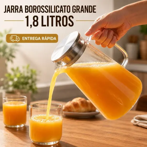 Jarra Premium Vidro Borossilicato C/ Tampa Inox 1,8L - Coador Suco Chá Drinks
