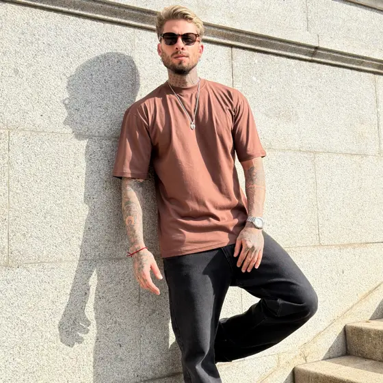 Camiseta Masculina Oversized Streetwear Gola Alta 100% Algodão Básica Casual