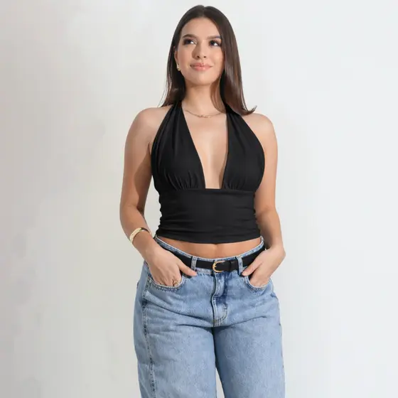 Blusa Feminina Top Halter Cropped Frente Ùnica Costa Nua Zero Transparência Moda Casual