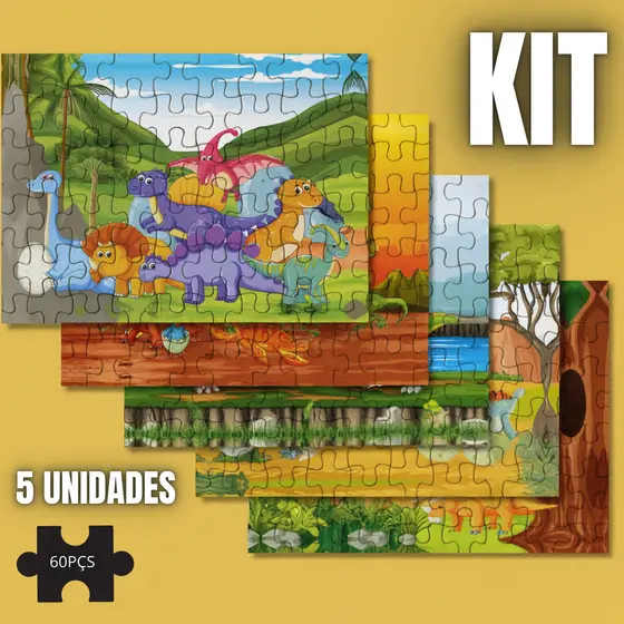 Kit 5 Quebra-Cabeças de Dinossauros para Crianças – 60 Peças – Colorido, Divertido e Educativo