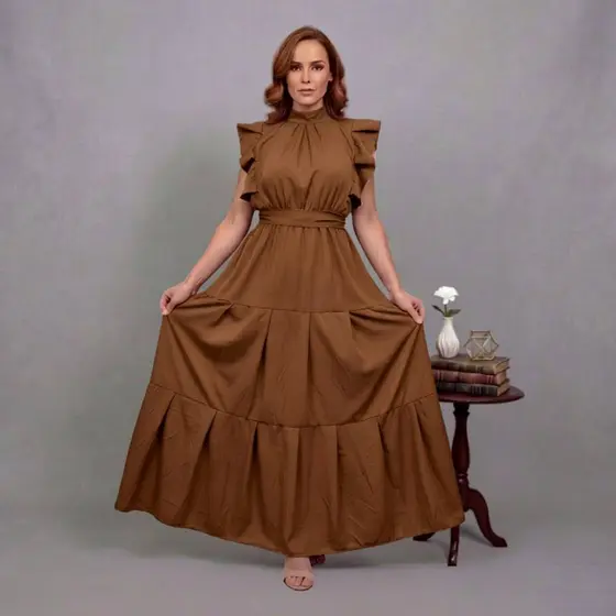 Vestido Feminino Longo Elegante Evangelico Saia três Marias com Babado Tecido Crepinho Premium Basico Casual