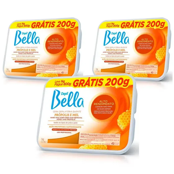 Kit 3 Unidades Cera Quente Depilatória em Barra Depil Bella Alto Rendimento Própolis e Mel 1kg