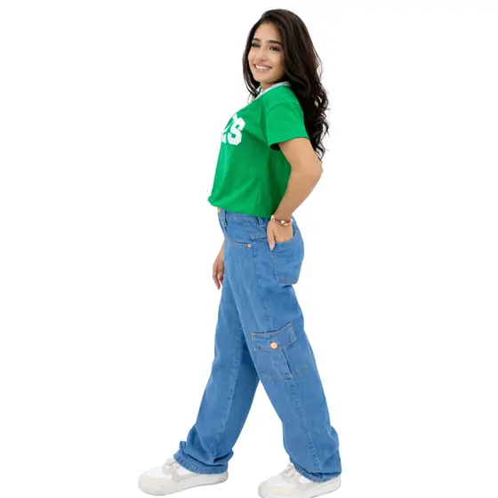Calça Jeans infantil Juvenil Cargo Wide Leg Premium Moda Kids Estilo Gringa Blogueirinha Confortável