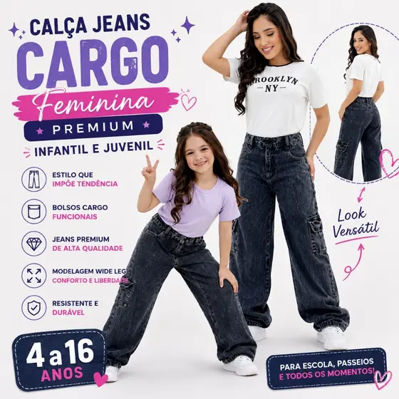 Calça Jeans Cargo Feminina Premium Infantil e Juvenil Calça Jeans Grafite Com Bolsos Para Meninas