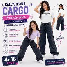 Calça Jeans Cargo Feminina Premium Infantil e Juvenil Calça Jeans Grafite Com Bolsos Para Meninas