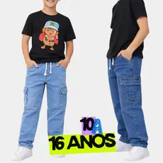 Calça Jeans Infantil Cargo Masculina Estilosa com Bolsos Laterais 10 a 16 Anos Confortável Moderna