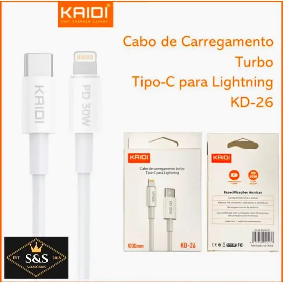 Cabo tipo - c para Lightning 1M turbo 30W flexivel e resistente, Kaidi Brasil 100% original alta qualidade