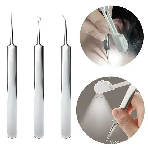 3 Pinças com Acne Light LED Ferramentas de Beleza Extrator de Acne Removedor de Cravo Espinha