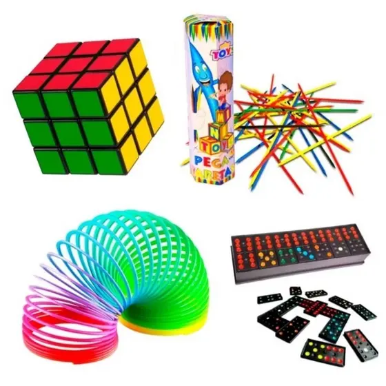 Kit 4 Brinquedos Lembrancinha Cubo Mágico +Mola Maluca +Dominó+Pega Vareta festas prenda