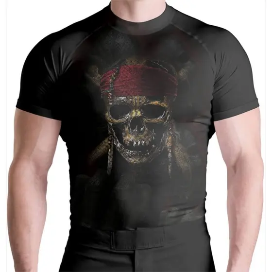 Blusa Compressão Masculina Skull Pirata Manga Curta