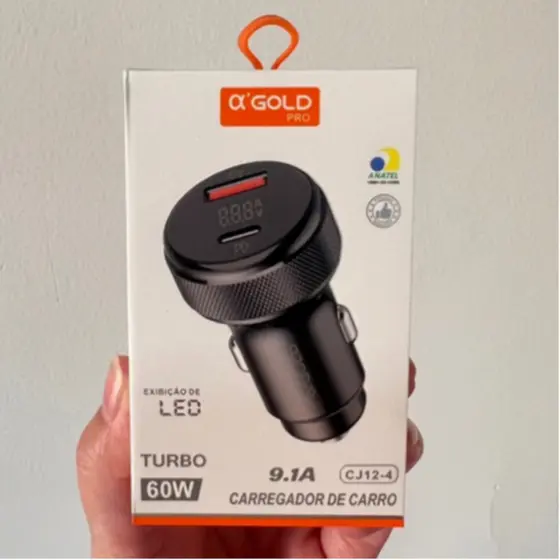 Carregador Veicular Turbo 60W 9.1A com Exibição de LED CJ12-4 /CJ13-4(Sem Led)  A' Gold Original