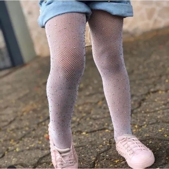 Meia Calça Arrastão Com Strass Brilho Infantil Festa e Dança Cor Branco e Nude