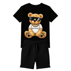 Conjunto Infantil Menino Masculino Camiseta + Short Conjunto Estampado Urso Verão Básico Juvenil
