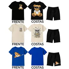 Kit 2 Peças Roupa Infantil Premium Menino Camiseta + Bermuda c/ Estampa Urso Frente e Costa