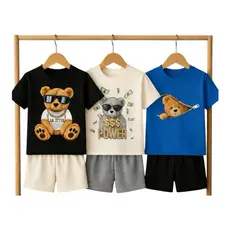 Kit 3 Conjuntos Infantil Masculino Camiseta e Short Estampa Ursinho
