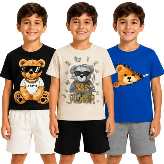 Kit 6 Peças Infantil Camiseta + Bermuda Conjunto Menino Estampa Urso