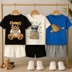 Kit 6 Peças Infantil Camiseta + Bermuda Conjunto Menino Estampa Urso