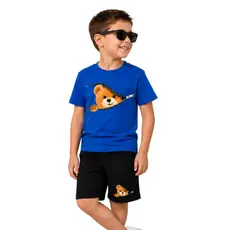 Kit 2 Peças Camiseta + Bermuda Infantil Menino Masculino Confortável Premium Estampa Urso Verão