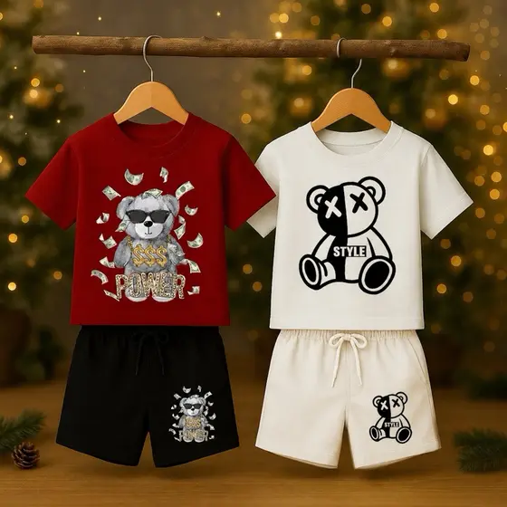 Peças Look completo menino infantil Natal e Ano Novo com muito estilo camiseta e bermuda conjunto menino