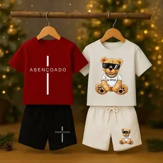 Kit 2 Conjuntos Infantil Menino Masculino Natal/Ano Novo Confortável Verão Urso Final de Ano