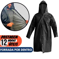 Capa de Chuva Com Capuz Forrada Reforçada Preta Impermeavel Resistente Obra Construção Civíl