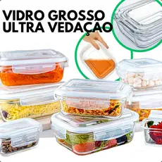 Marmita de Vidro 620ml Potes Hermético Quantidade Variada Retangular Tampa Travas Microondas Freezer