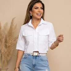 Camisa Feminina Estilo Cropped Casual Elegante Em Tricoline Misto