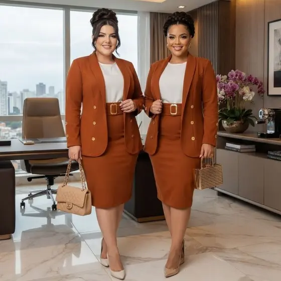 Conjunto 4 Peças Blazer Feminina + Blusa Crepe + Saia Midi Com Cinto Moda Evangelica Plus Size Congresso