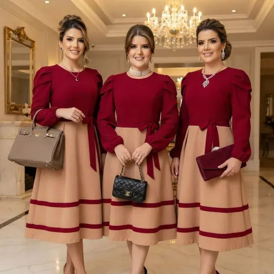 Vestido Midi Rodado Laço Saia Midi Listras Manga Estilosa Longa Moda Evangélica Plus Size Bicolor